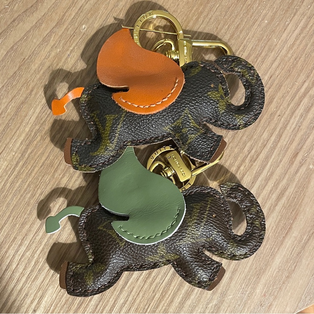 Upcycled Elephant Keychain with Orange and Green Accents